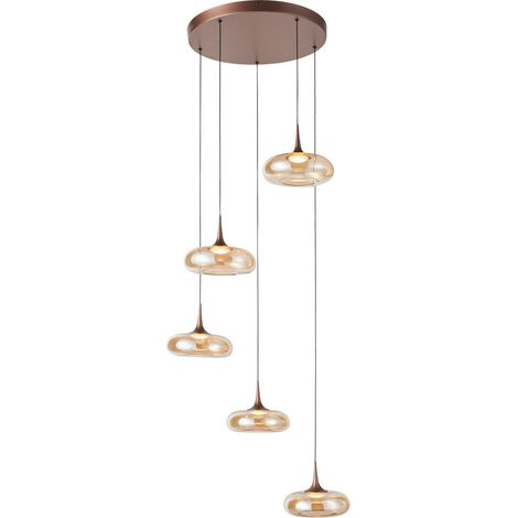 Italux Tenele Suspension Cluster en cuivre avec abat-jour en verre ambré, lumière chaude 3000K, intensité variable sur 3 niveaux, 5 LED