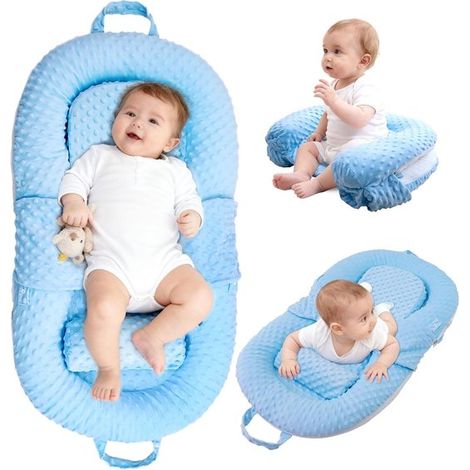 Seggiolone pieghevole con baldacchino per neonati (blu) – Cuscino per allattamento e per il gioco a pancia in giù, seggiolino per neonati per riposo/gioco controllato e viaggio (1/5)