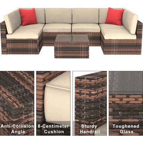 Bigzzia Rattan Garden Furniture Set, 6 Seater Garden Furniture Set, Patio Rattan Dining Table Set Wicker Weave Corner Sofa Seat Glass Coffee Table Conversation Set With Cushions and Pillows For Lawn B