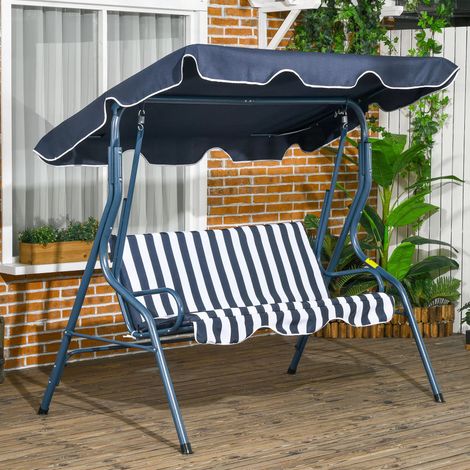 Silla colgante de exterior de 3 plazas, banco colgante con dosel y cojín para jardín o patio (azul)