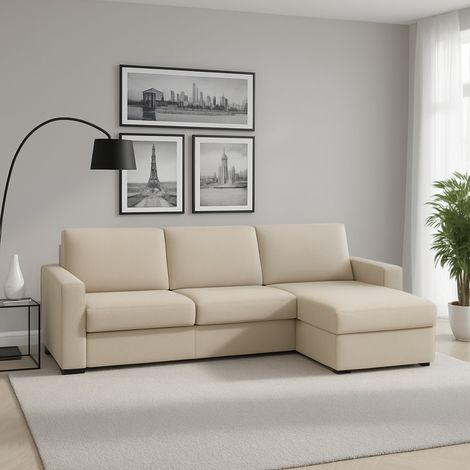 Talamo Italia Sofá fijo Debora, Sofá de esquina, 100% Made in Italy, Sofá Sala de estar, con contenedor reversible Peninsula, en tela acolchada, con reposabrazos delgados, Cm 260x95h90, Beige, con emb (1/5)