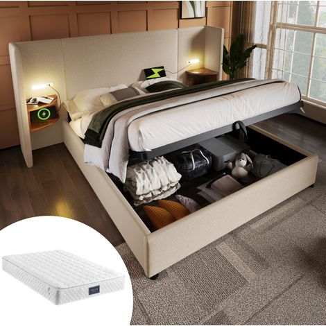 DESVIAE Lit double 160 x 200 avec rangement tête de lit étagère lampe de lecture ports USB et Type C sommier à lattes matelas inclus beige (1/5)