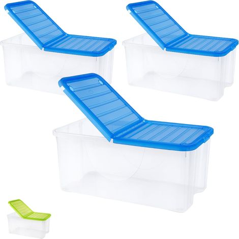Set 3 scatole contenitori salvaspazio in plastica trasparente con coperchio pieghevole - Capacità 41,5 litri, dimensioni 57x39x25,7 cm - Colore Blu (1/5)