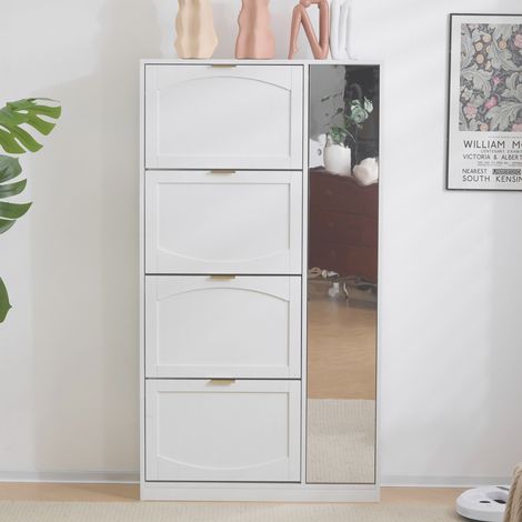 Moderne Schuhschrank mit Spiegel, 4 klappbaren Aufbewahrungsfächern, verstellbarem Regalbrett hinter dem rechten Spiegel, ideal für den Flur, weiß, Maße: B80/H147/T24 cm(old sku:N657P20154449W) (1/5)