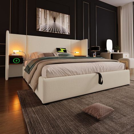 Lit coffre 160x200 cm avec table de nuit, lampe de lecture, usb type-c, cadre en bois massif et métal, beige (1/5)
