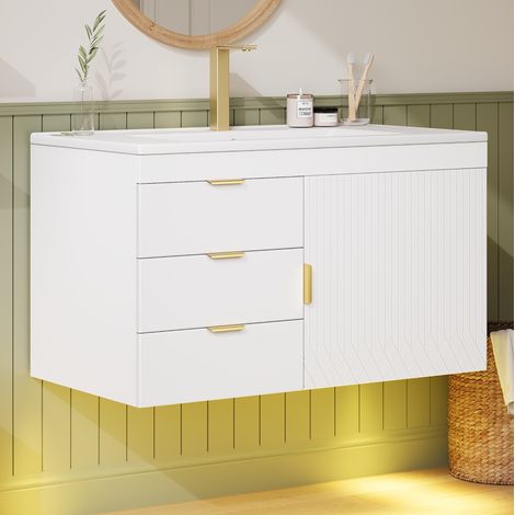Meuble vasque mural 76x46x51 cm en MDF blanc, avec rangement, LED App, salle de bain FloraGrace (1/5)