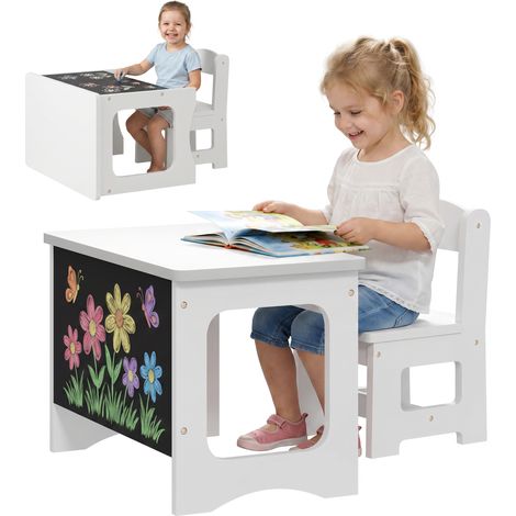 AIYAPLAY mesa infantil con silla, tablero reversible, mesa y silla infantil con pizarra para dibujo, para niños y niñas de 3-6 años, para aula, blanco (1/5)