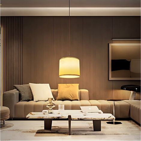 Suspension cylindrique tissu blanc structure fer, douille E27, style nordique doux pour maison