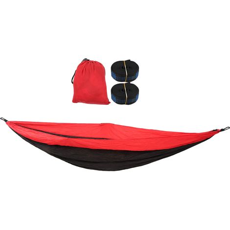 Hamac de camping 2 personnes portable, hamac parachute en nylon pour voyage randonnée extérieur, rouge et noir (1/5)