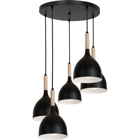 Suspension noire bois clair Ø56 5xE27 Noak Luminex