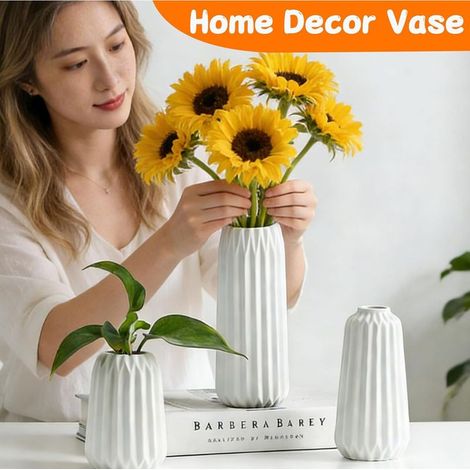 3-teiliges Keramik-Blumenvasen-Set, Blumenvase für die Heimdekoration, modernes Gefäß für Pampasgras, Trockenblumen, weiße Dekovase für Wohnzimmer, Tisch, Büro (klein, mittel, groß) (1/5)