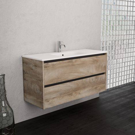 Inda - Badezimmerschrank 2 Schubladen B.120 mit mattiertem Waschbecken / Natureiche - Smeraldo (1/5)