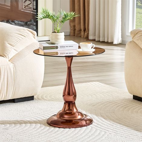 Table basse ronde verre - 50x50x51.5 cm - Design moderne chic salon chambre table d'appoint bout de canapé verre trempé - Marron (1/5)