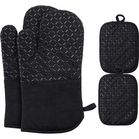 Juego de 4 guantes de cocina para horno – Guantes de cocina resistentes al calor y antideslizantes – Algodón suave – Largos y flexibles – Silicona gruesa – para la cocina