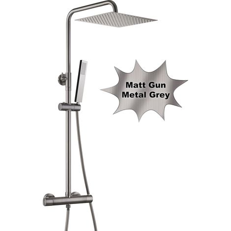 Görbach Acciaio INOX Colonna Doccia con Termostatico Colonna Doccia Rubinetto con Soffione con Miscelatore, Set Doccia a Pioggia con Doccetta Grigio Fucile (30×30cm Quadrato) (1/5)