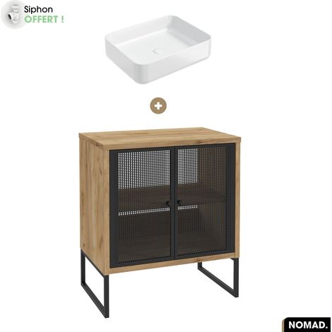 Ensemble meuble sous vasque avec vasque à poser - Siphon OFFERT NOMAD OAK 70 x 80 x 43 cm (1/5)