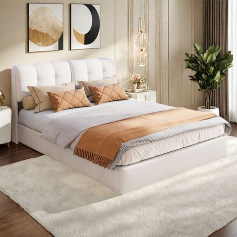 Bett mit Stauraum 160x200cm - Erwachsenenbett mit LED - Bezug aus Samt - Hydraulischer Stauraum - Beige