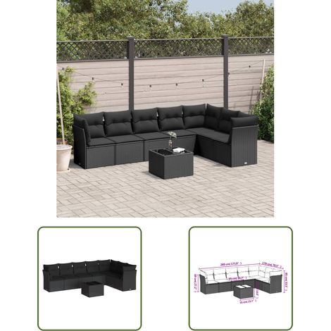 The Living Store Salon de jardin 8 pcs avec coussins noir résine tressée - Ensemble Salon De Jardin - Mobilier De Jardin - Résine Tressée - Rotin Synthétique - Meuble D'extérieur (1/3)