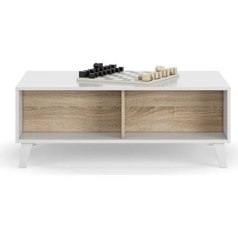 Mesa de centro 100x68x38/50 cm con sobre elevable, blanco brillo canadiense – Pisa