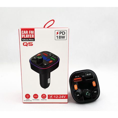 Car charger with FM transmitter, Bluetooth hands-free calling, MP3 player, true 3.1A dual USB ports, PD fast charging -- Q5 color box packaging (1/3)