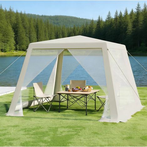 Pabellón de jardín de 3x3 m con mosquitera, protección UV y contra la lluvia ligera, estructura metálica, tela Oxford beige. (1/4)