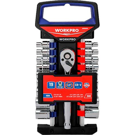 Llave de carraca y vasos 3/8 pulg, juego 19 piezas, métrico-sae