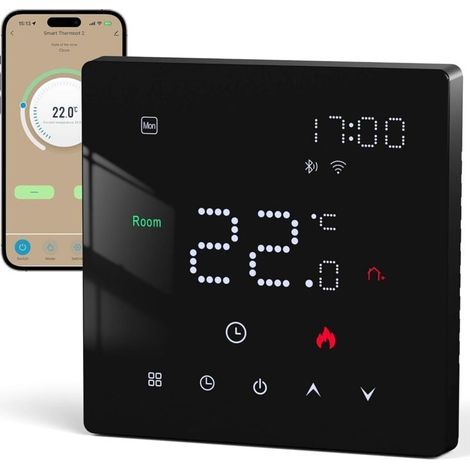 Boiler Thermostat WiFi Programmation hebdomadaire Contrôle vocal Compatible avec Alexa et Google Assistant Thermostat intelligent mural 220 V Noir (1/5)