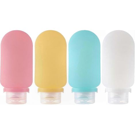 Flacons de voyage en silicone rechargeables, 90ml, lot de 4, pour shampoing, gel douche, lotion, crème, savon et accessoires de toilette. (1/5)