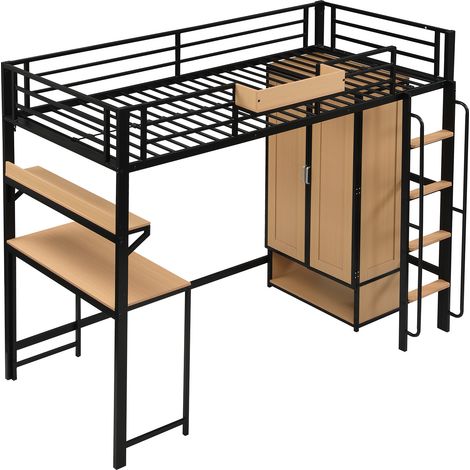 Lit mezzanine en fer, avec armoire à double porte, escalier avec mains courantes, bureau et étagère de rangement, lit supérieur avec compartiments de rangement, fer + MDF, noir + naturel, 90x200cm (1/5)