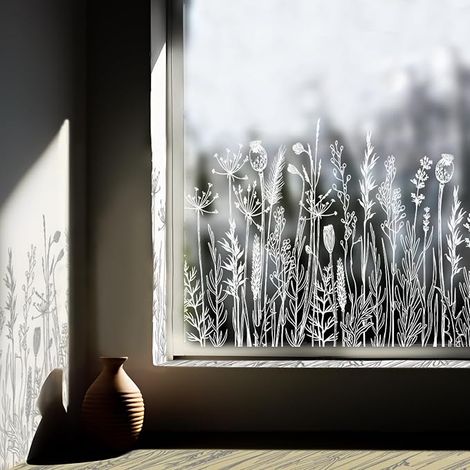 Film de fenêtre, Décoration de fenêtre de gazon de fleur, Plante blanche, Film de cling, Convient pour le salon, Chambre, Cuisine, Salle de bains, Bureau, (1/5)