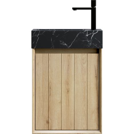 Mueble lavabo suspendido 40 cm con lavabo de mármol negro y puerta roble blanco HOMVRA (1/5)