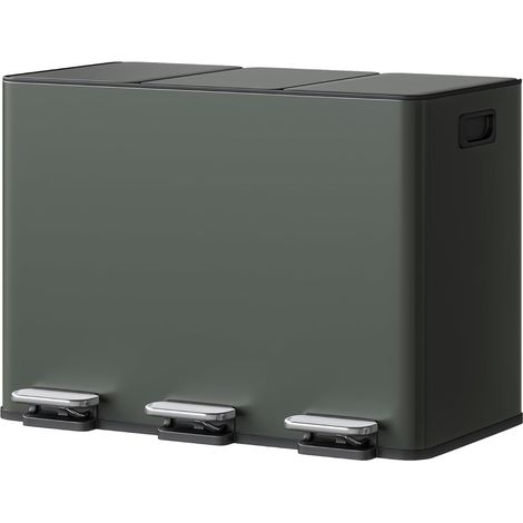 Poubelle à pédale 3 compartiments inox 45L, Couvercle fermeture douce, Bacs intérieurs amovibles, Tri des déchets efficace, Vert (1/5)