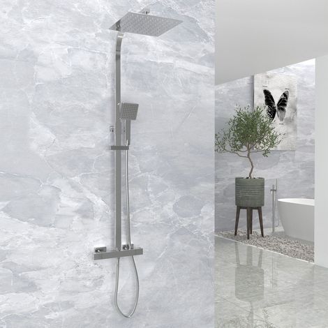 Chrome Thermostatic Shower Mixer Set Square Shower Kit 10 Inch Stainless Steel Overhead Shower Brass 38°C Thermostatic Valve (1/5)