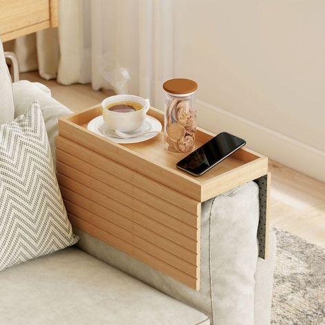 Plateau d'accoudoir pour canapés, pour boissons, en-cas, télécommande, en bois de bambou (1/5)