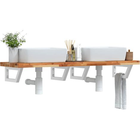 Plan vasque mural 160 x 40 cm en bois d’acacia massif, 4 supports acier blancs - PANGIVO (1/5)