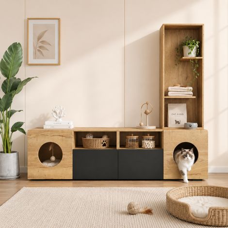 TV-Schrank Mit Katzenbereich, Modernes Sideboard Mit Stauraum, Hochregal Und Runden Katzenöffnungen, Fernsehtisch Mit Offenen Fächern Und Schranktüren Für Wohnzimmer (1/5)