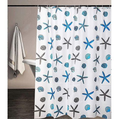 1 rideau de douche (80 x 180 cm) motif étoiles de mer et coquillages, imperméable et anti-moisissure, avec œillets et crochets antirouille. (1/5)