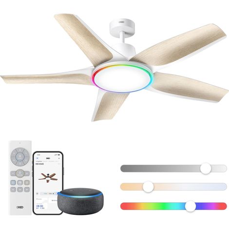 ventilateur de plafond à profil bas avec lumière 132 cm, LED dimmable à température de couleur réglable, éclairage d’ambiance RGB, moteur CC silencieux, installation facile, blanc (1/5)