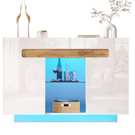ELVMI Credenza con 4 Vani, Nicchie Aperte, Ripiani Regolabili e LED per Soggiorno, Bianco Naturale, 120 x 40 x 80 cm (1/5)