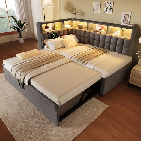 Lit rembourré en lin 90x200 avec lit gigogne 90x190, LED, haut-parleurs Bluetooth, ports de charge USB et Type-C, tête de lit en L avec étagère de rangement, canapé-lit/lit d'appoint, gris, sans matel (1/5)