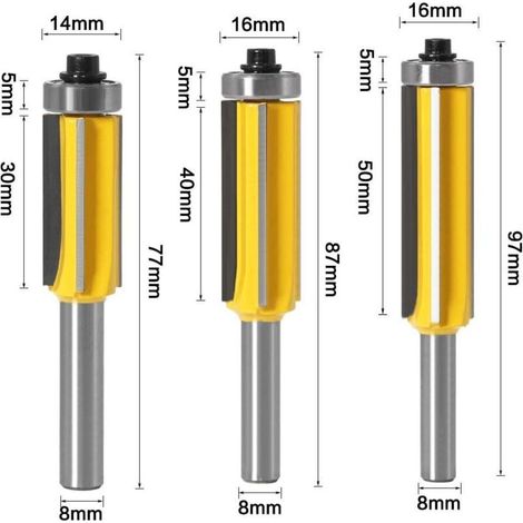 8-mm-Schaft-Holzfräser-Set mit 4 Klingen, 3-teiliges Fräser-Set mit Zier- und Musterprofilen, bündiger Schaft (1/4)