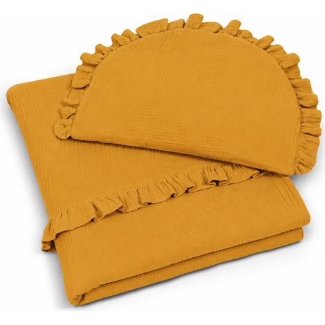 Edredón relleno y almohada plana de muselina con volantes - juego de 2 piezas, color mostaza (1/5)