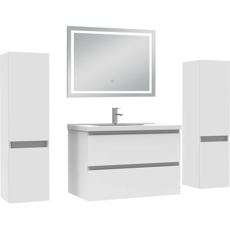 Aica Ensemble meubles Salle de Bain 80cm avec Colonne + Miroir Lumineux +3 Couleurs, Blanc