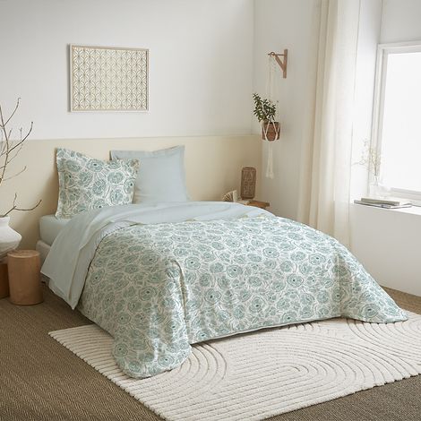 Parure de couette 4 pièces réversible 260 x 240 cm "Agathe Celadon" pour lit 160 x 200 cm Coton Pur