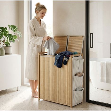 Cesto de ropa de bambú 63x33x78 cm natural con almacenamiento para baño FLORAGRACE (1/5)