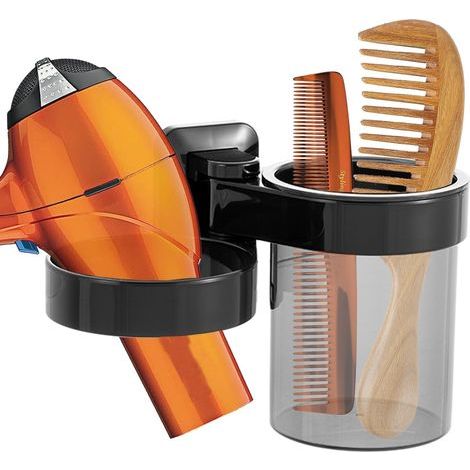 Wall-mounted hair dryer holder with storage for hair styling accessories, self-adhesive hair dryer holder (black) (1/5)