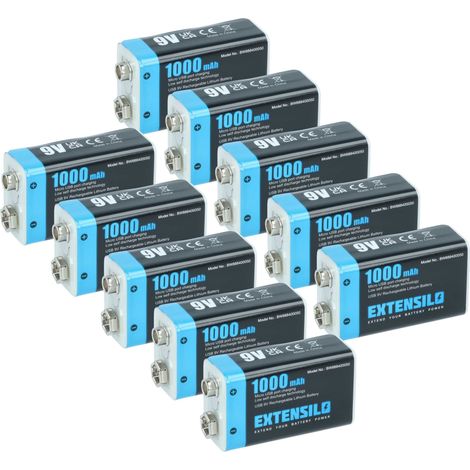 EXTENSILO 10x 9V-Akku Block kompatibel mit Daitem DC270, DC271, D21, DC272 (1 Ah, 9 V, Li-Ion), ready-to-use, mit Micro USB Buchse (1/4)