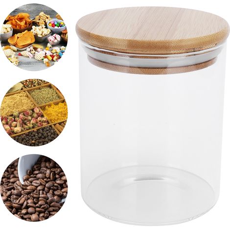 Bocal de rangement rond en bois de 450 ml avec couvercle, récipient alimentaire en verre transparent pour thé, café et épices (1/5)