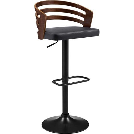 Deco In Paris – Tabouret de bar réglable en bois et simili noir – Hauteur d’assise 62-83 cm – Dossier enveloppant – Pied en acier noir antidérapant