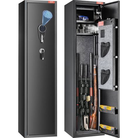 Armoire à 5 Fusils, Coffre-fort pour Fusils avec Empreinte Digitale et Serrure Numérique, Rangement pour Fusils avec Casier de Rangement Intégré, Étagère Amovible pour Arme Longue et Pistolet